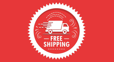 Red circular stamp graphic featuring a white delivery truck icon and text