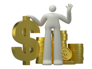 A man stands next to a large dollar sign and coins