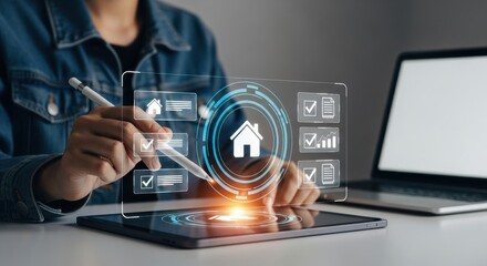 Person using tablet with smart home technology interface