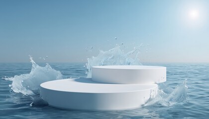 Abstract Nature Scene With Two White Circular Podiums On Calm Water Surface, Sunlight Reflecting Off Waves And Splashes. Ideal For Product Presentations. Cosmetic Mockup Area Available.