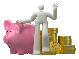 A man stands with a piggy bank and coins