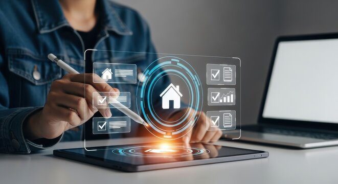 Person using tablet with smart home technology interface