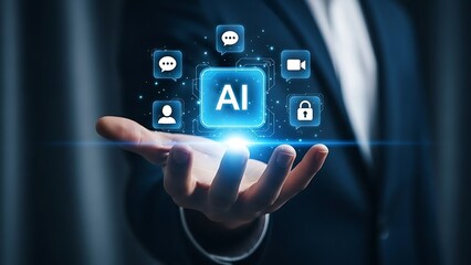 Businessman presenting artificial intelligence with digital icons in a modern futuristic concept