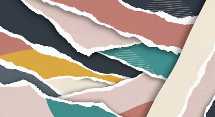 Colorful torn paper collage with abstract patterns and textures