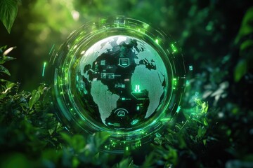 Futuristic green digital globe glowing in a lush natural forest.