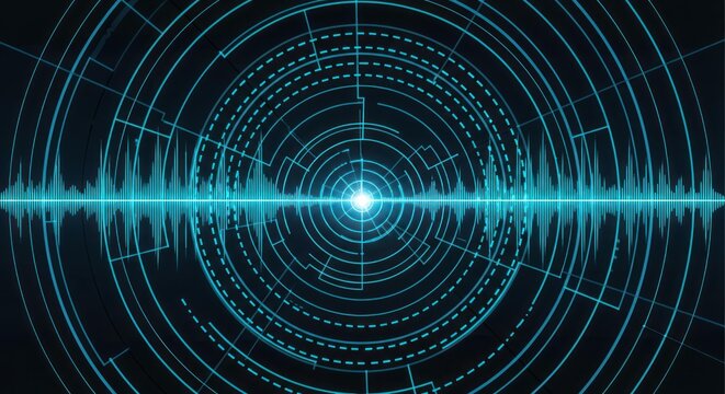 Abstract tech background with soundwaves and circular elements