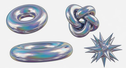 Iridescent geometric forms on a white background, abstract shapes