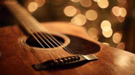 Close up of acoustic guitar with warm wood tones and glowing lantern lights. Representing cultural heritage and milestone achievements.