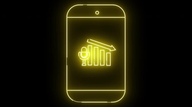 Yellow outline of a smartphone with a microphone chart and downward arrow on the screen against a black background