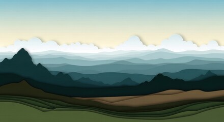 Layers of mountains and hills with sky, a paper cut landscape