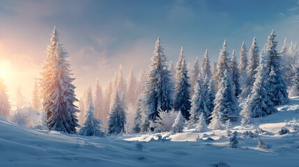 雪に覆われた針葉樹林の冬景色