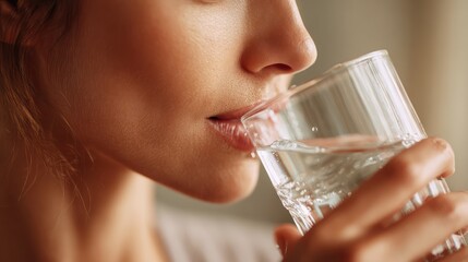 Close-up of Woman Hydrating with Clear Glass of Water