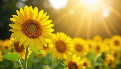 Fototapeta premium A bright, cheerful Monday morning scene featuring vibrant yellow sunflowers in full bloom, bathed in sunlight, symbolizing positivity and a fresh start to the week , garden, meadow