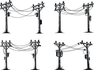 Utility pole silhouettes, transformer setups, power line connections, electric grid vector art, infrastructure illustration - flavector