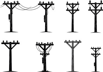 Utility pole silhouettes, transformer setups, power line configurations, electric grid vector art, infrastructure illustration - flavector