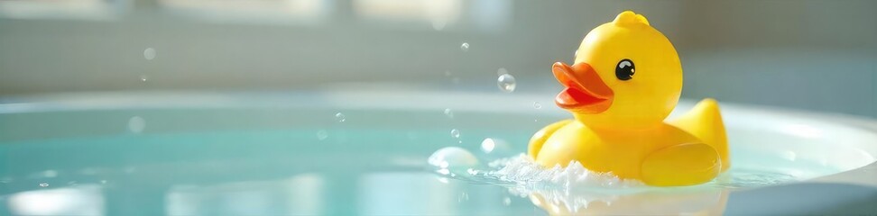 A cheerful yellow rubber ducky sits in a bathtub, surrounded by bubbles  Perfect for bath time, childhood, and playful imagery ,  foam,  bath time,  rubber ducky