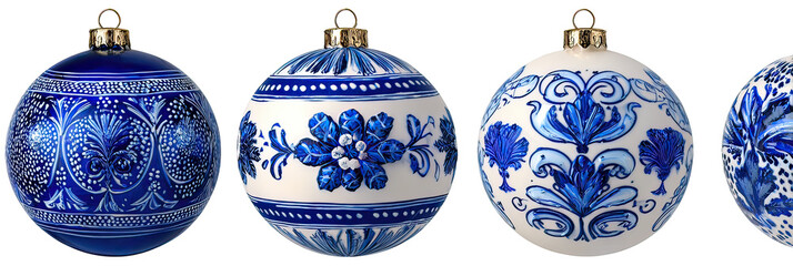 Luxurious Triple Blue and White Christmas Ornaments Aligned on Transparent Background