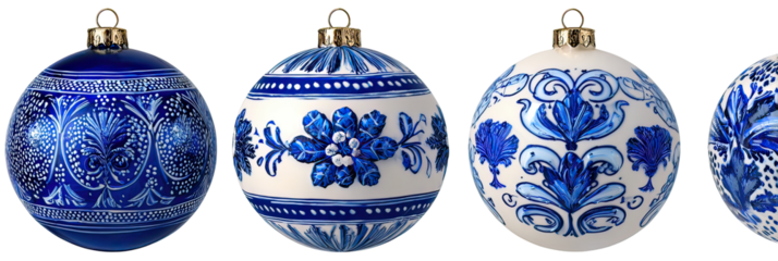 Luxurious Triple Blue and White Christmas Ornaments Aligned on Transparent Background