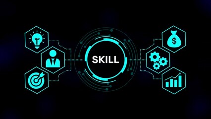 Digital infographic with central word S K I L surrounded by hexagonal icons representing idea person target gears money and growth chart