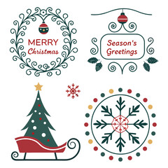 Christmas decoration icons, labels, illustration and elements set. 