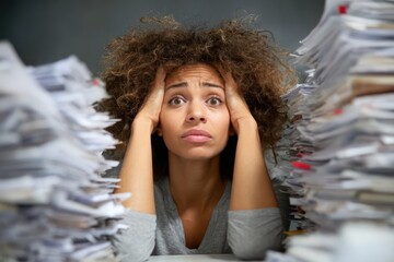 Worried Businesswoman Swamped by Towering Paper Piles