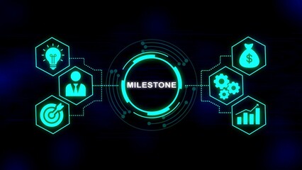 Glowing neon teal hexagonal icons representing business concepts connected to a central circular hub with the word Milestone