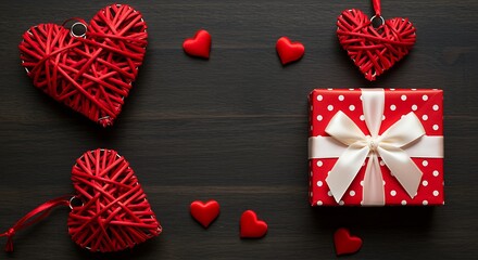 Red hearts and polka dot gift box on dark wood background present