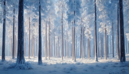 Icy Glow: A Winter Wonderland Of Towering Trees Sparkling In The Sunlight And Covered In Frost Underneath The Afternoon Sky.