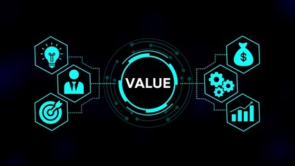 Teal blue digital infographic showing value with icons for idea person target money gears and growth chart