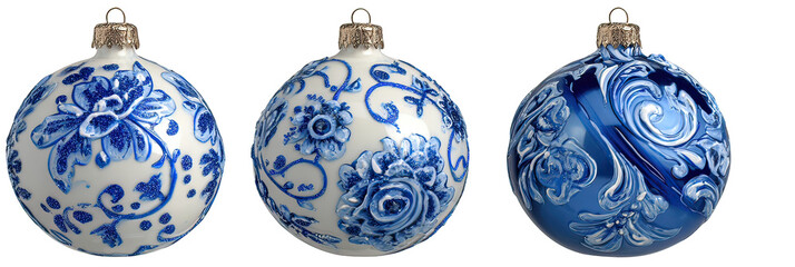 Luxurious Triple Blue and White Christmas Ornaments Aligned on Transparent Background
