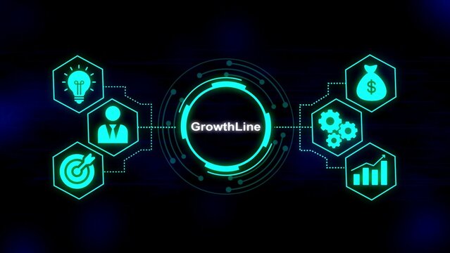 Teal glowing hexagonal icons for business growth idea target money gears and analytics chart connected to central circle with text Growth Line on dark blue background
