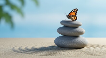 Monarch butterfly rests on stacked grey stones in sand garden insect animal