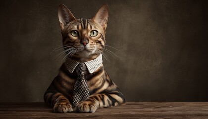 Bengal Cat Dressed In Shirt And Tie, Sitting At Work Table. Office Worker. Cute Feline In Business Attire. Boss Kitten.