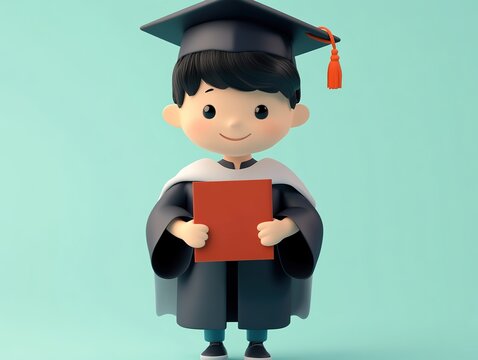 Minimalist 3D render of cute boy in graduation gown holding diploma on light green background, isometric flat cartoon illustration for educational greetings, social media, or academic events.