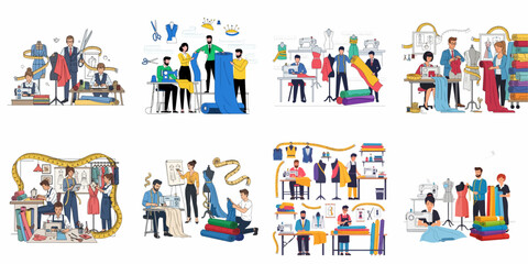 Set of illustrations showing professional fashion designers, tailors, and seamstresses working in an atelier, focusing on garment creation and textile production.