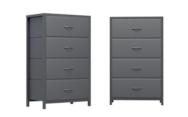 A set of two dark gray four-drawer metal filing cabinets shown from front and angled perspectives, isolated on a transparent background, viewed at eye level.