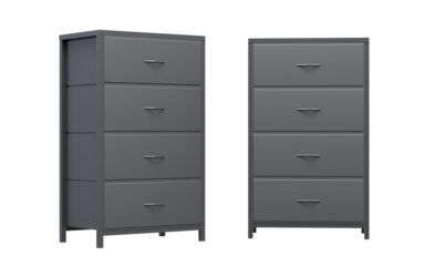 A set of two dark gray four-drawer metal filing cabinets shown from front and angled perspectives, isolated on a transparent background, viewed at eye level.