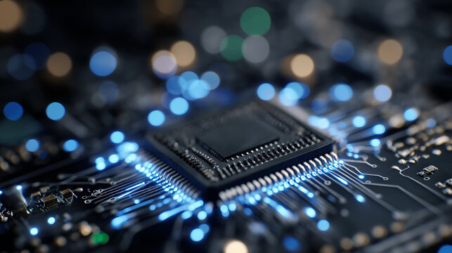 Digital Microchip Close-up: A detailed capture of a computer microchip. Showing the intricate circuitry with vibrant, glowing light.