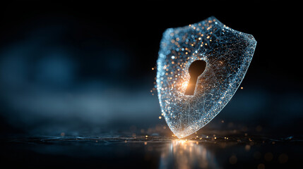 Digital Shield of Security: A futuristic digital shield glows brightly with a keyhole, signifying data protection and cyber security in a technological realm.
