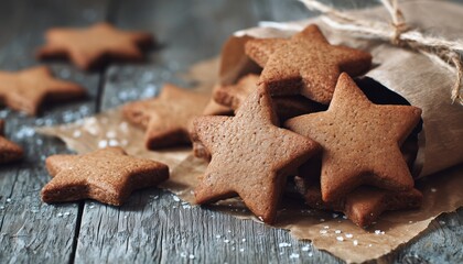 Gingerbread Cookie Stars On Baking Paper And Rustic Wooden Table - Handcrafted Holiday Treats In A Cozy Setting.