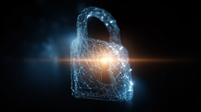 Digital Security Concept: An ethereal representation of digital security is visualized as a glowing padlock, constructed from interconnected lines of light.