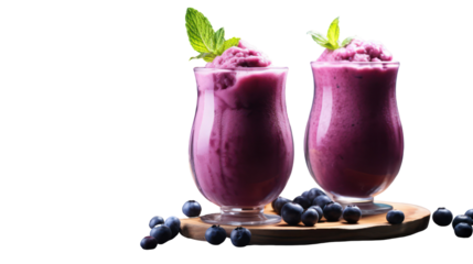 Two refreshing blueberry smoothies with mint garnish isolated on transparent background