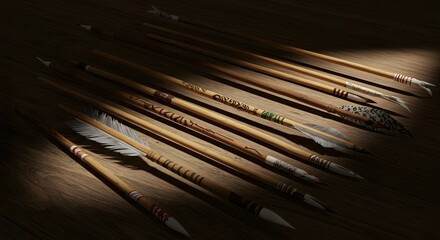 Close-up of arrows with various feather fletching and shaft designs, arranged on wood