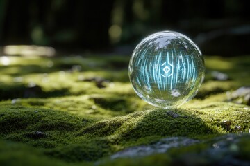 Futuristic green digital globe glowing in a lush natural forest.