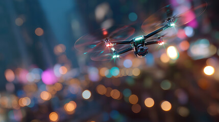 Drone's Aerial Vision: A sleek drone navigates through an urban scene at dusk, its lights creating an evocative atmosphere as it surveys the city.