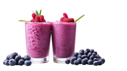 Two refreshing berry smoothies in tall glasses with fresh berries isolated on transparent background