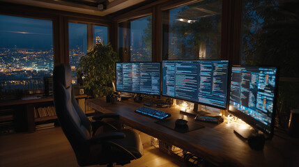 Tech Haven: A modern workstation is illuminated by the soft glow of multiple computer monitors displays coding data, all set against a nighttime cityscape