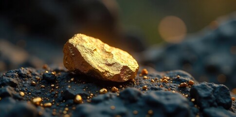 A glittering gold nugget rests on a bed of rough, unworked rock, symbolizing the raw, undiscovered potential of original ideas and their inherent value , brilliance, prize