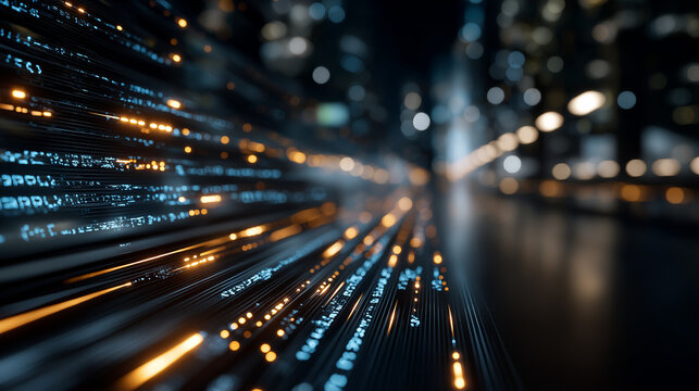 Digital City: A mesmerizing visual depiction of data streams illuminating a cityscape, with streaks of light representing the flow of information that drives modern urban life.
