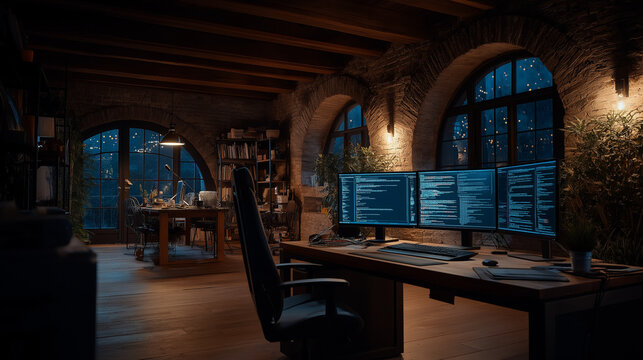 Digital Haven: An intimate home office bathed in soft light, showcasing a modern workstation set against an old-world architectural backdrop, a sanctuary for creativity and code.
